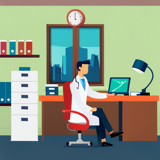 Illustrated doctor working at a desk with a monitor in a medical office