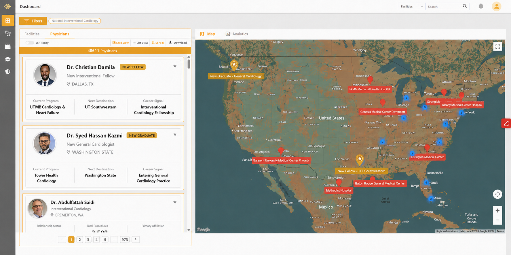 The ClearSight dashboard showing new fellow and new graduate physician cards beside a national map of their destinations.