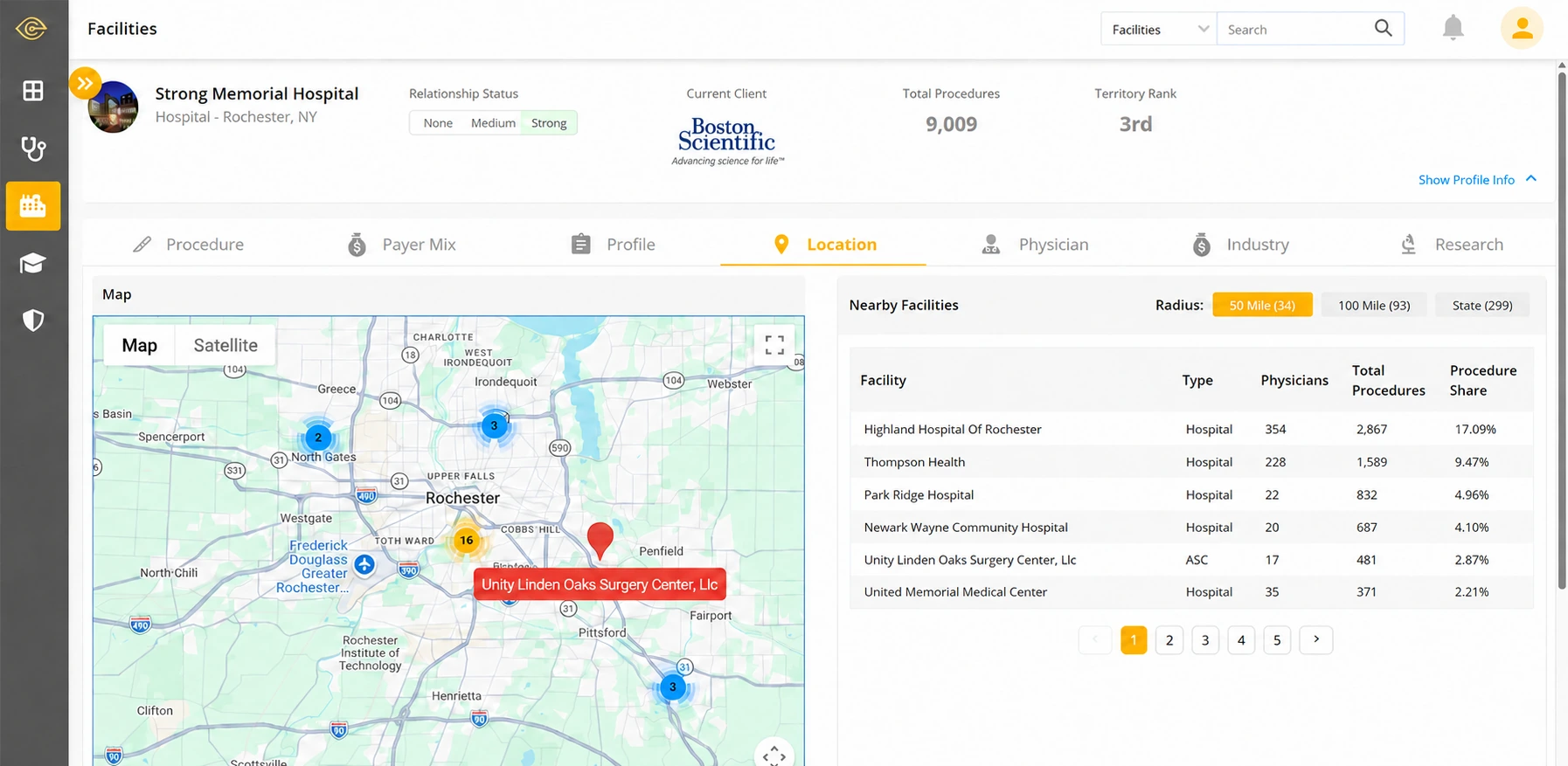ClearSight facility location map with nearby facilities