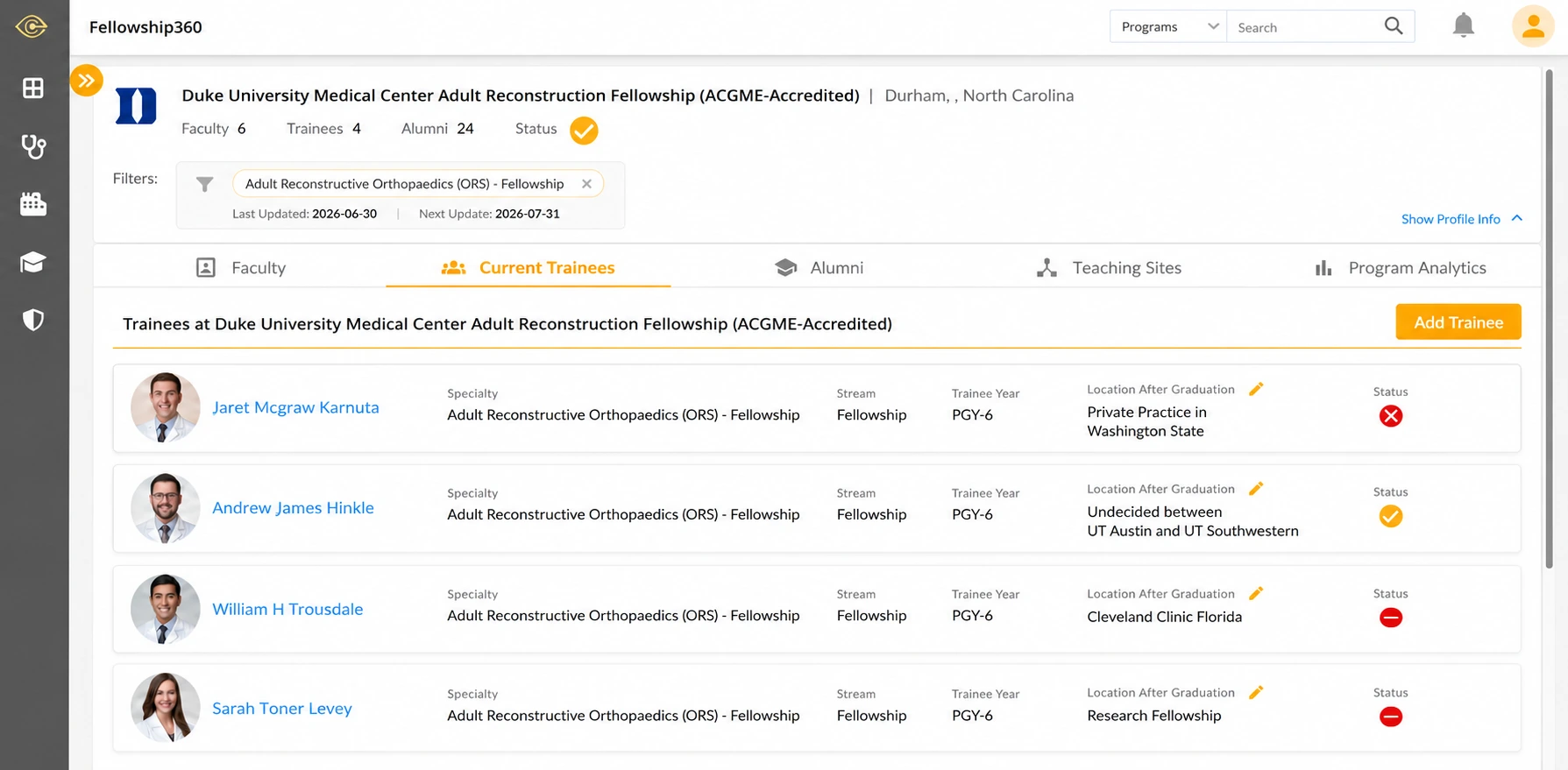ClearSight Fellowship360 dashboard showing current trainees at an orthopedic fellowship program