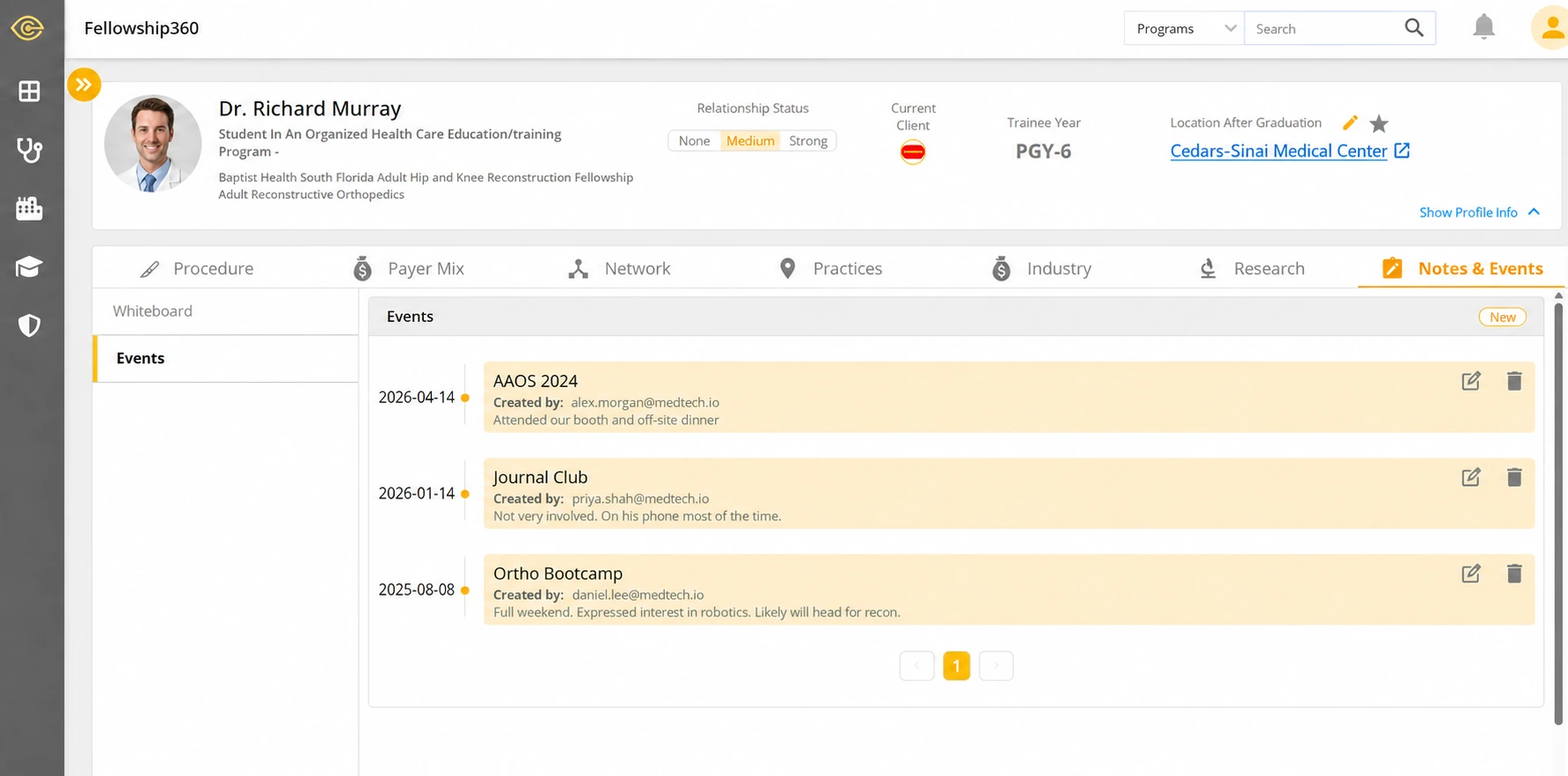 ClearSight fellow profile with relationship status and an engagement events timeline
