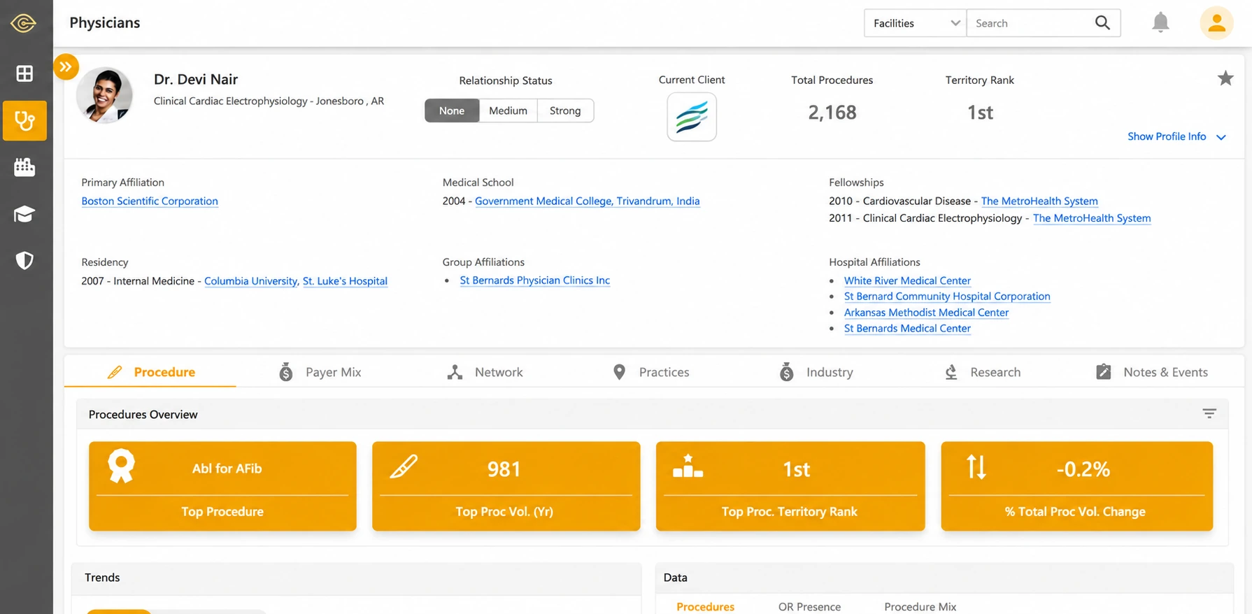 ClearSight physician profile with affiliations and a procedures overview